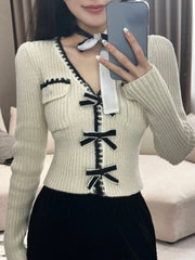 Elegant Knitted Pullover Office Lady Autumn Casual Long Sleeve Y2k Clothing V-neck Korean Style Fashion Slim Blouse Woman