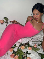 Rose Red Lace Long Slip Dress Women Sexy Strap Backless Slim Maxi Dress Summer Elegant Sleeveless Evening Club Party Sundress