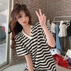 Summer Bow Black and White Striped Tshirt Dress Women V-neck Backless Hollow Out Y2K Straight Skirt Korean Style Elegant Robe