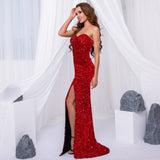 Sexy Split Sleeveless Stretch Sparkle Sequin Floor Length Party Dress Strapless Padded Bodycon Mermaid Maxi Dress Black