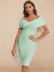 Summer Women Sexy Off Shoulder V Neck Bandage Dress Green Bodycon Sheath Elegant Knee Length Party Club XL Vestido Pbong mid size graduation outfit romantic style teen swag clean girl ideas 90s latina aesthetic
