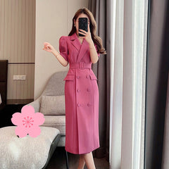 Work Style Ol Temperament Solid Dress Women Turn Down Collar Short Sleeve Summer  Dress