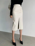 Spring Autumn Women Fashion High Waist Pu Midi Skrits Lady Slim Elegant Split Solid Color Faux Leather Skirts