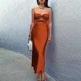 Elegant Strapless Slim Satin Party Dress Summer Off Shoulder Hollow Long Dress Fashion Solid Color Backless Chic Evening Dresses