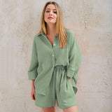 Casual Sleepwear Cotton Pajamas For Women Sets Suit Turn-Down Collar Nine Quarter Sleeve Sleep Tops Shorts Female Homewear
