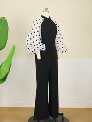 Women Black Jumpsuits Patchwork Sleeves Polka Dot See Through High Waist Slim Elegant Office Ladies One Piece Fashion Bodysuit  Pbong mid size graduation outfit romantic style teen swag clean girl ideas 90s latina aesthetic