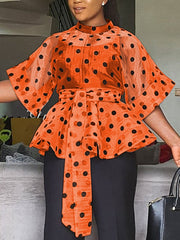 Women White Blouses Polka Dot Peplum See Through Sexy Thin Transparent Half Flare Sleeves Waist Belt Tops Shirt Fashion Bluas Pbong mid size graduation outfit romantic style teen swag clean girl ideas 90s latina aesthetic