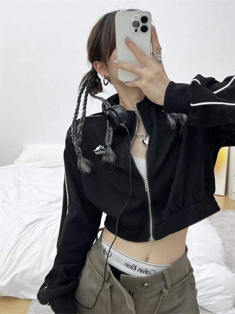 Y2K Vintage Zip Up Cropped Hoodie Women Korean Fashion Striped Black Jackets Female Kpop Egirl Harajuku Sweatshirt Sping