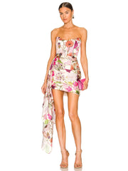 Sexy Strapless Floral Print Mini Dress Summer Women Off Shoulder Irregular Draped Flower Bodycon Dress Evening Club Party
