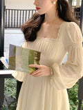 French Vintage Midi Dress Women Long Sleeve Pure Color Elegant Chiffon Dress Office Lady Lace One Piece Dress Korean  Spring