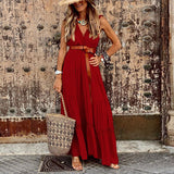 Female Sexy Ruffle V Neck Sleeveless Dress Summer Fashion Lace Waist Party Maxi Dress Elegant Casual Solid Chic Boho Beach Dress