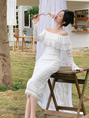 Elegant White Midi Dress Office Lady Long Sleeve Sexy Beach Party Bodycon Dress Women Chic Summer One Piece Dress Korean