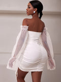 Sexy Sheer Sleeve Evening Party Dress Summer Holiday Birthday Club Partywear White Off Shoulder Mini Short Dresses Women