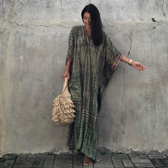 Bohemian Striped Print Women Beach Dress Bathing Suit Cover Up Summer Tunic For Woman Beachwear Robe de plage Kaftan Pbong  mid size graduation outfit romantic style teen swag clean girl ideas 90s latina aesthetic