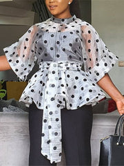 Women White Blouses Polka Dot Peplum See Through Sexy Thin Transparent Half Flare Sleeves Waist Belt Tops Shirt Fashion Bluas Pbong mid size graduation outfit romantic style teen swag clean girl ideas 90s latina aesthetic