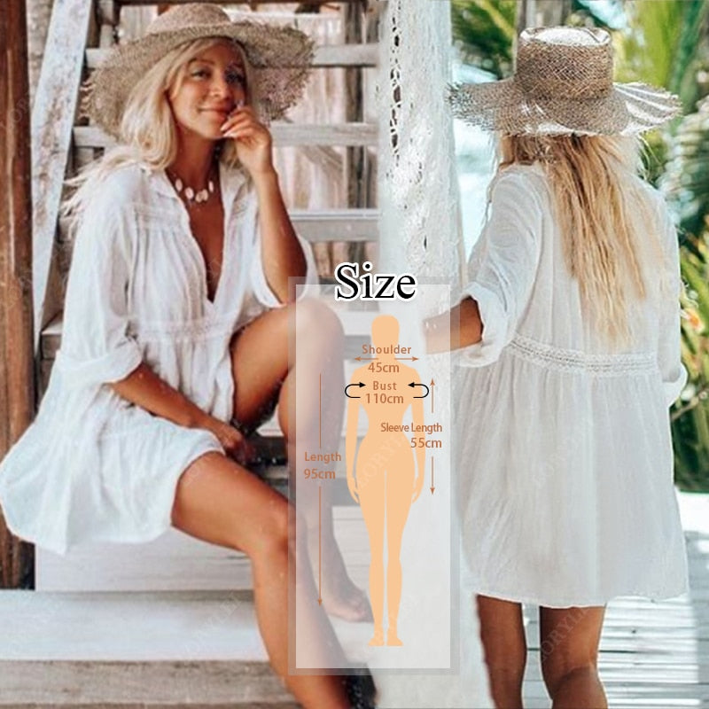 Women Swimsuit Cover Ups Mandarin Sleeve Kaftan Beach Tunic Dress Robe De Plage Solid White Pareo Beach Cover-ups Pbong mid size graduation outfit romantic style teen swag clean girl ideas 90s latina aesthetic