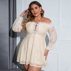 Sexy Women Plus Size Dresses Embroidered Lace Edge One-shoulder Short Dress Sweet  New Solid Color Elegant A-line Dress