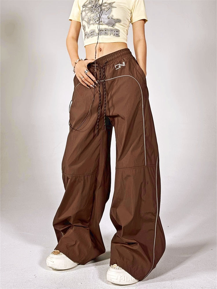 Brown Track Pants Women Y2K Vintage Black Cargo Trousers Oversized Reflective Wide Leg Gray Sweatpants