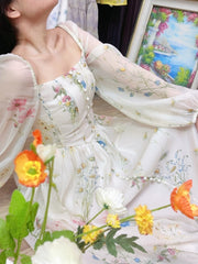 Chiffon Floral Midi Dress Office Lady Summer Elegant One Piece Dress Korean Fashion Beach Style Causal Long Sleeve Sundress