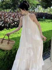 Summer French Temperament White Bohemian Seaside Resort Style Sexy Loose Hanging Neck Character Sleeveless Mid-length Dress