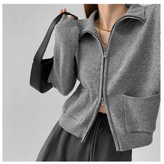 Women's Korean Knitting Sweater Zipper Cardigan Long Sleeve Casual Vintage Fashion Lazy Baggy Outerwear Tops Autumn Grey Sweater