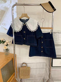 Summer Women Sweet Denim Suit Lace Peter Pan Collar Single Breasted Tops+high Waist A-line Skirts Two Piece Set