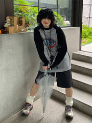 Streetwear 90s Long Sleeve T Shirt Women Vintage Harajuku Gray Pullover Sweatshirts Oversized Retro Patchwork Print Tees