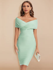 Summer Women Sexy Off Shoulder V Neck Bandage Dress Green Bodycon Sheath Elegant Knee Length Party Club XL Vestido Pbong mid size graduation outfit romantic style teen swag clean girl ideas 90s latina aesthetic