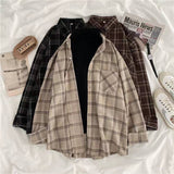 Vintage Women Plaid Shirts Loose Oversize Long Sleeve Button Up Fall Shirt Casual Pocket Female Tops Korean Black Tops