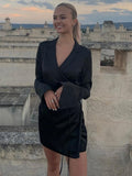 Black Satin V-Neck Shirt Dress Women  Spring Flare Sleeve Lace Up Mini Dresses Elegant Ladies Party Vestidos