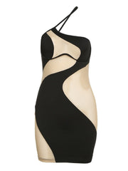 Kliou Patchwork Mini Dress Women Sexy Mesh One Shoulder High Waist Robe Girl Hot Bodycon Party Clubwear Female Midnight Skirt