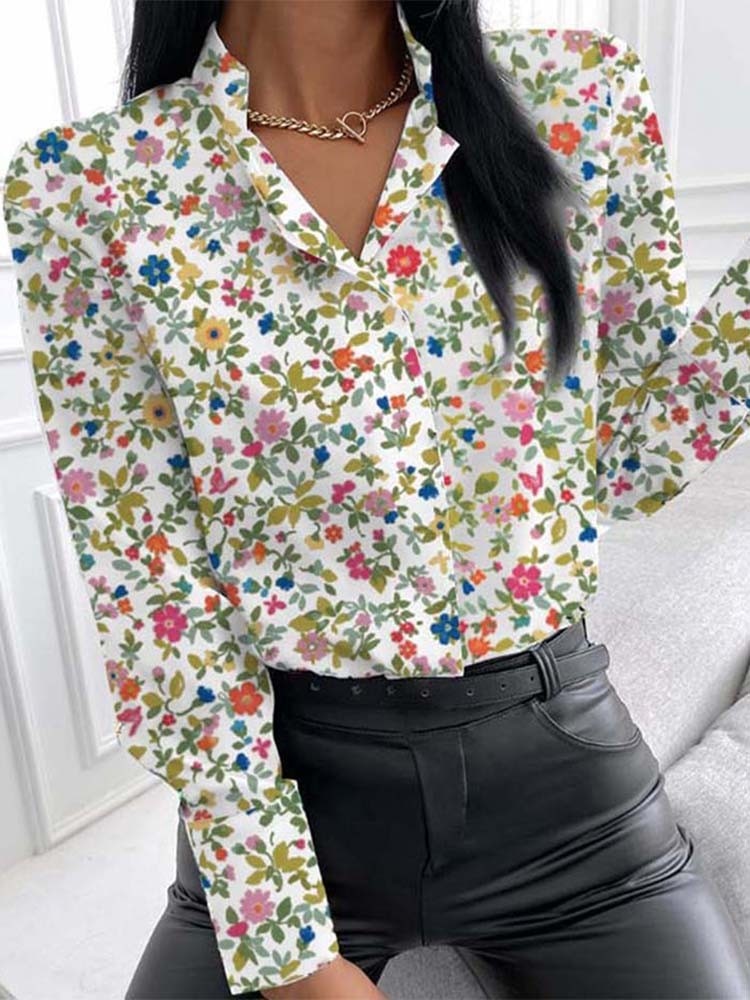 Autumn Floral Print Blouse Women Clothes Stand Collar Long Sleeve Office Lady Shirts Tops Female Casual Plus Size Blouses