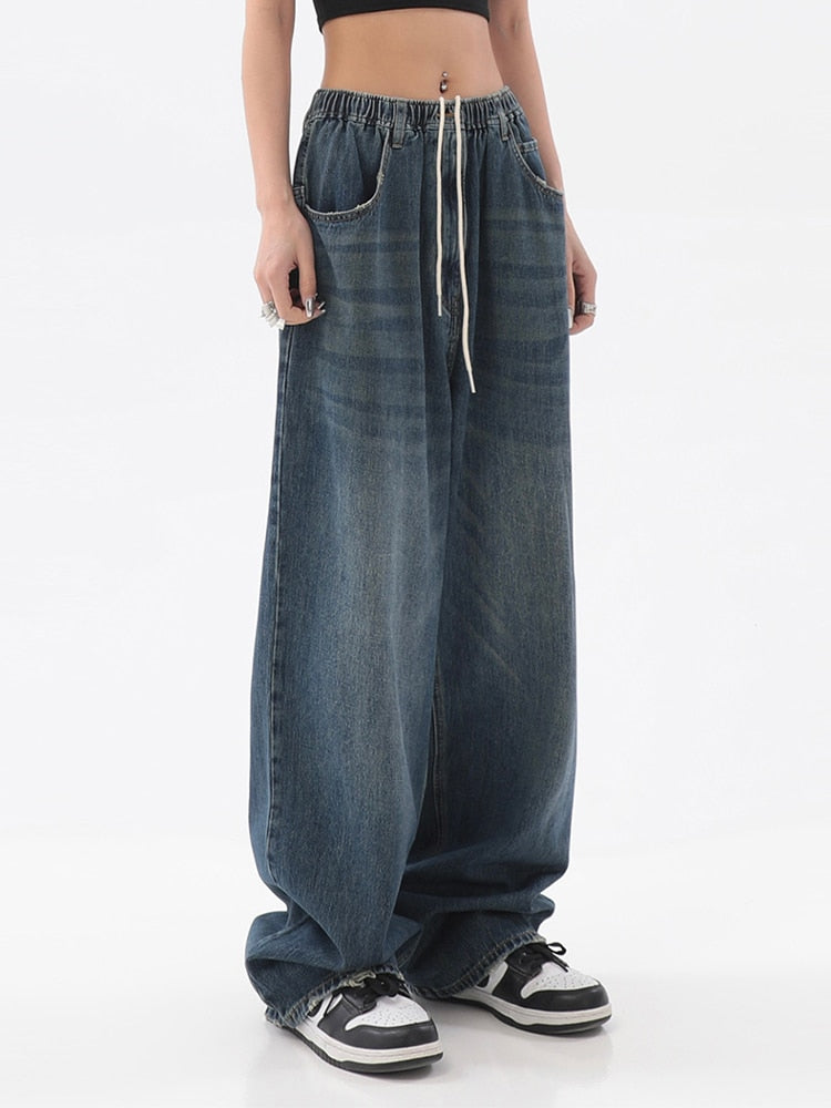 Women American Vintage Baggy Jeans Elastic Waist Oversized Long Trouser Denim Pant Wide Leg Streetwear Straight Basic Daily