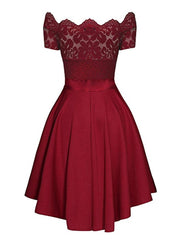 Elegant Red Lace Dress Women Patchwork Slash Neck Short Sleeve Sashes Tunic Dress  Summer Ladies Sexy Evening Party Dresses