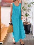 Summer New Long Version Sling Cotton Linen Simple Loose Pocket Round Neck Temperament Sleeveless Dress Women Dress for Women