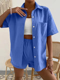 Summer Casual Ladies 2 Piece Fashion Short Sleeve Lapel Cardigan Tops and Elastic Waist Pocket Shorts Set Solid Loose Women Suit