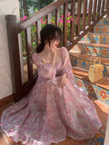 Vintage Long Sleeve One Piece Chiffon Dress for Women Fairy Elegnat French Floral Party Midi Dresses Evening Korean Summer