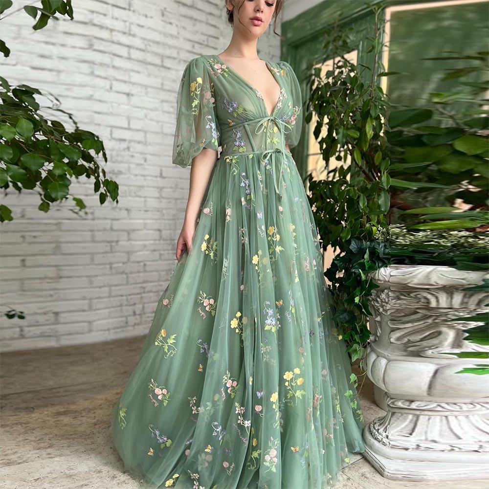 Green Embroidery Lace Prom Dresses Puff Sleeves A-Line Long Wedding Party Gowns Open Back Tulle Evening Dress