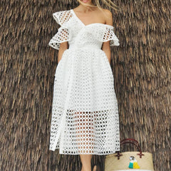 Elegant Hollow Out Lace Dress Women Sexy Inclined Shoulder V Neck Ruffles Party Dresses Summer White A Line Long Dress