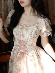 Summer Lace Korean Fairy Dress Women Square Collar Princess Kawaii Floral Midi Dress Female Bandage Sweet Dresses Fashion
