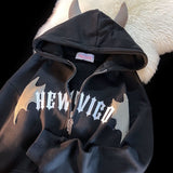 American Retro Little Devil Horn Hoodies Y2k Women Letter Embroidery Zipper Hooded Sweatshirt Harajuku Casual Loose Jacket Coats