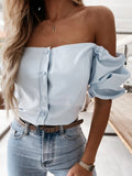 Women Sexy Slash Neck Lantern Sleeve Blouse Summer Solid Off Shoulder Single-breasted Tops Elegant Office Casual Shirt Cardigan