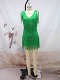 Women Elegant Sleeveless Mini Dress Women Sexy Summer Fashion V Neck Feather Tassel Dress Party Lady Casual Sequin Pencil Dress