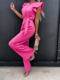 Summer Fashion Waist Lace-up Party Wide Leg Pant Women Elegant Solid Ruffle Sleeve Jumpsuit Casual Office O Neck Romper Overalls
