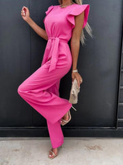 Summer Fashion Waist Lace-up Party Wide Leg Pant Women Elegant Solid Ruffle Sleeve Jumpsuit Casual Office O Neck Romper Overalls