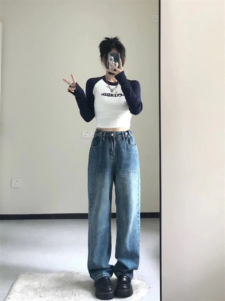 Cyber Y2K Embroidery Crop Top Women Korean Fashion Egirl Slim Long Sleeve T Shirt Female Kpop Sexy Patchwork O-Neck Tees
