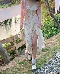 Summer Floral Sleeveless Midi Dresses Women Elegant Designer Sexy Vintage Dress Female Party One Piece Dress Korean Fashion