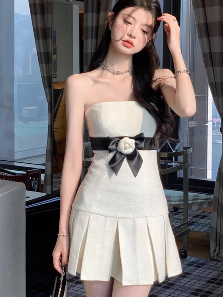 French Elegant Small Fragrance Summer Dress Women Hotsweet Fashion 3D Flower Pleated Mini Dress Party Vestido Feminino