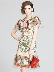 Gorgeous Flower Embroidery Hollow Out Slim Ruffles Dress Women Elegant Butterfly Sleeve O-Neck Party Summer Dress Mesh Vestidos