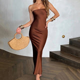 Satin Backless Maxi Dress For Women Gown Fashion Strapless Sleeveless Bodycon Night Club Party Summer Vestido